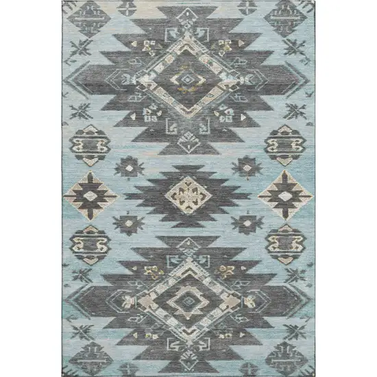 Teal Charcoal And Gray Tribal Washable Area Rug With UV Protection Photo 1