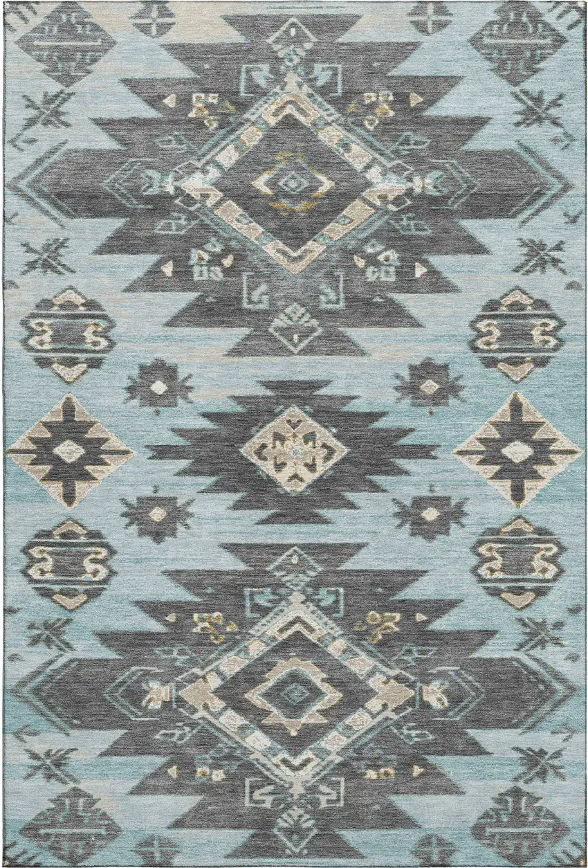 Teal Charcoal And Gray Tribal Washable Area Rug With UV Protection Photo 1