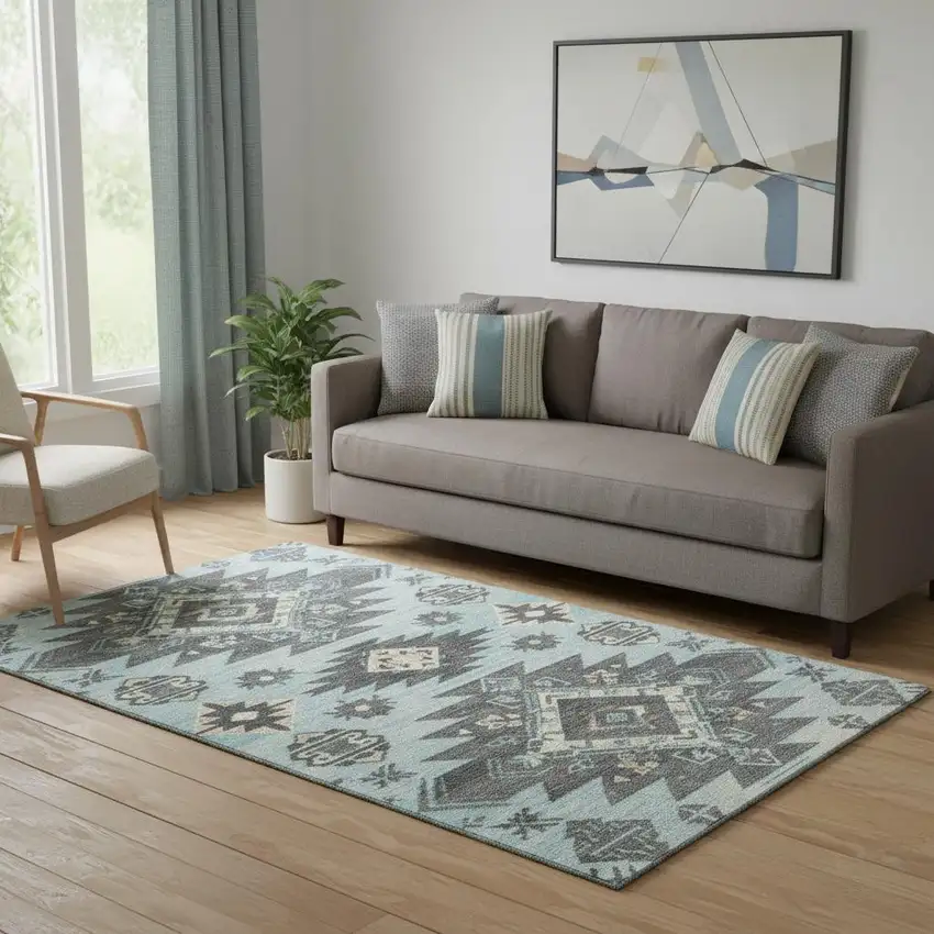 Teal Charcoal And Gray Tribal Washable Area Rug With UV Protection Photo 2