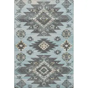 Photo of Teal Charcoal And Gray Tribal Washable Area Rug With UV Protection