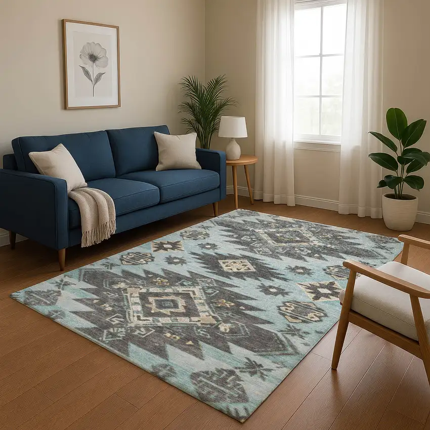 Teal Charcoal And Gray Tribal Washable Area Rug With UV Protection Photo 5