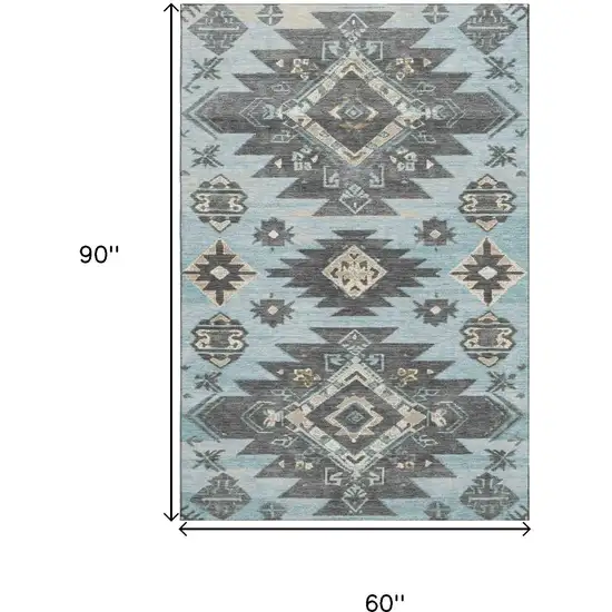 Teal Charcoal And Gray Tribal Washable Area Rug With UV Protection Photo 9