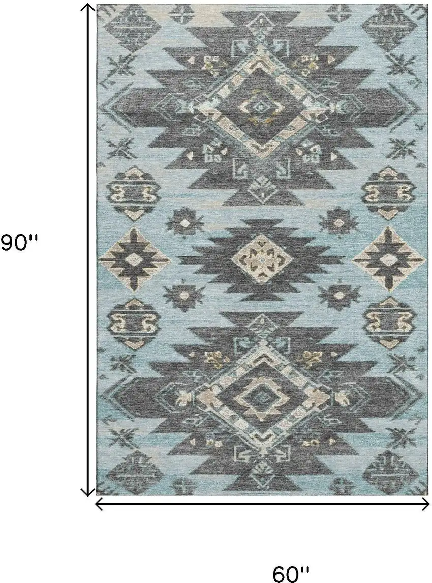 Teal Charcoal And Gray Tribal Washable Area Rug With UV Protection Photo 9