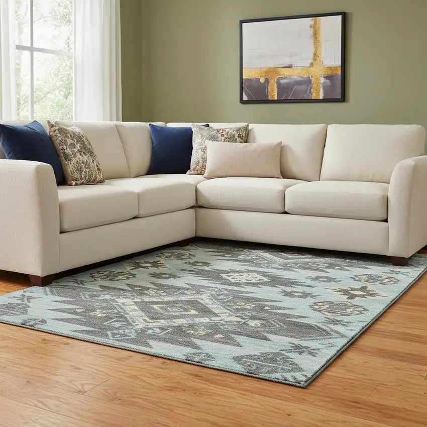 Teal Charcoal And Gray Tribal Washable Area Rug With UV Protection Photo 2