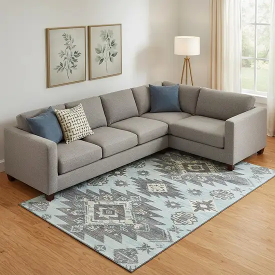 Teal Charcoal And Gray Tribal Washable Area Rug With UV Protection Photo 2