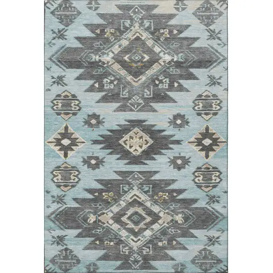 Teal Charcoal And Gray Tribal Washable Area Rug With UV Protection Photo 4