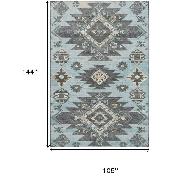 Teal Charcoal And Gray Tribal Washable Area Rug With UV Protection Photo 9