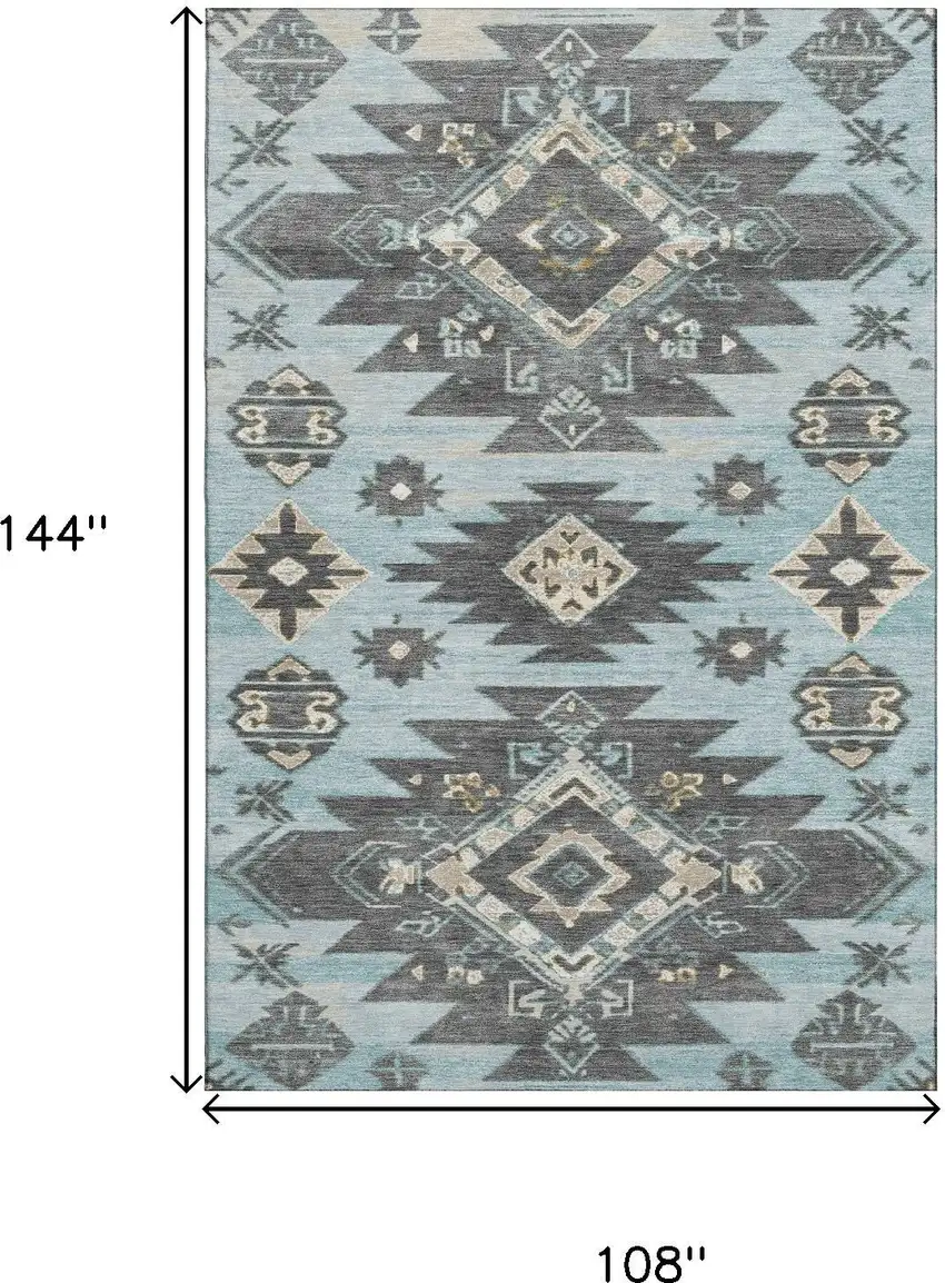 Teal Charcoal And Gray Tribal Washable Area Rug With UV Protection Photo 9
