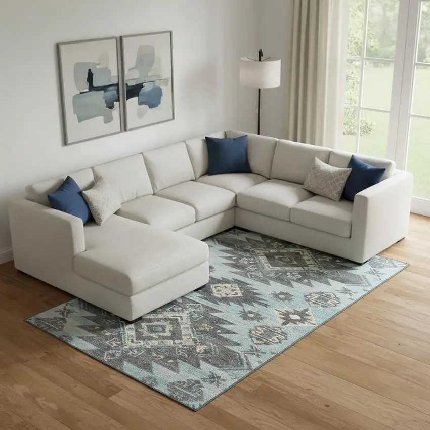 Teal Charcoal And Gray Tribal Washable Area Rug With UV Protection Photo 2