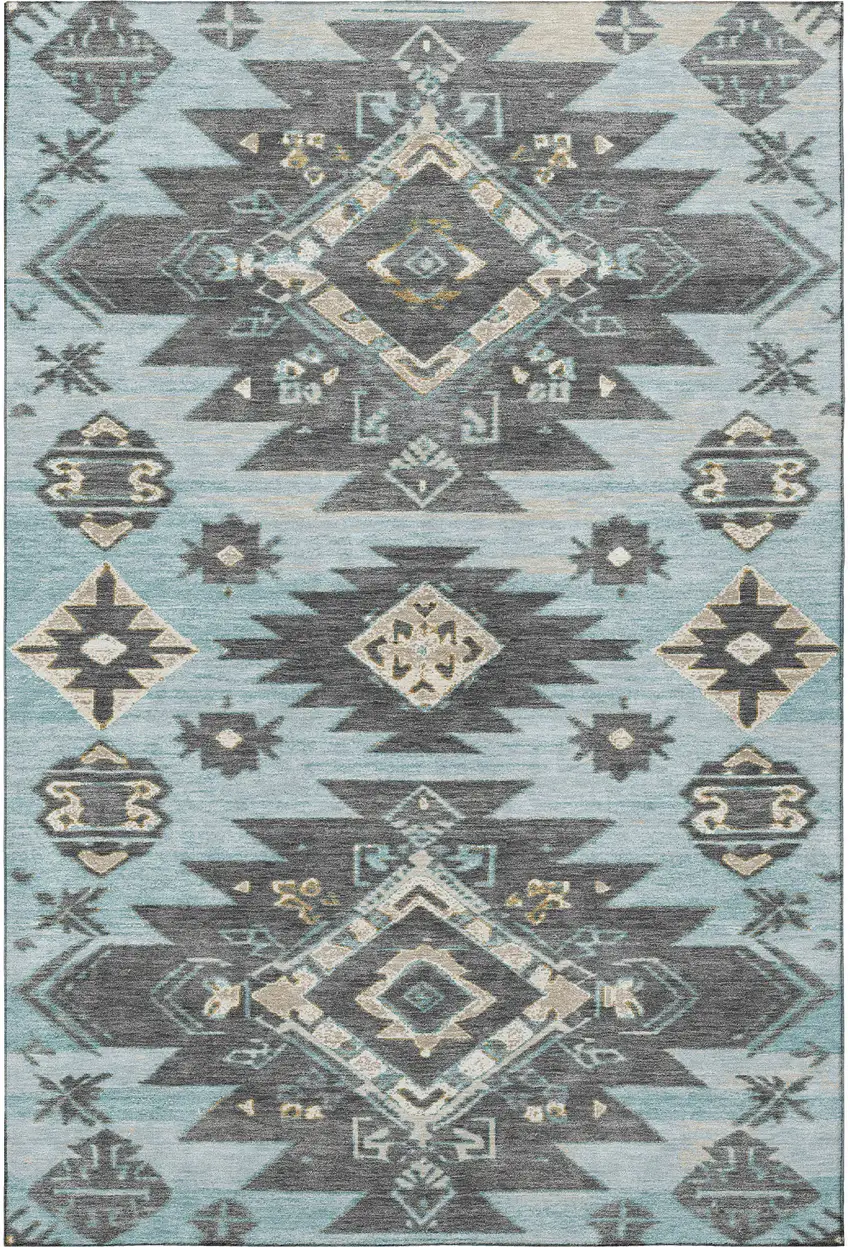 Teal Charcoal And Gray Tribal Washable Area Rug With UV Protection Photo 4