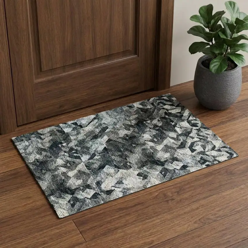 Teal Charcoal And Ivory Abstract Washable Area Rug With UV Protection Photo 1