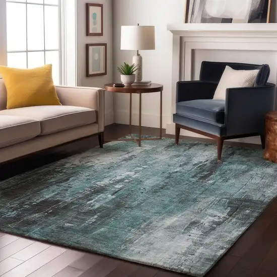 Teal Charcoal And Ivory Abstract Washable Area Rug With UV Protection Photo 5
