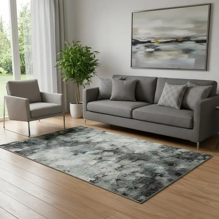 Teal Charcoal And Ivory Abstract Washable Area Rug With UV Protection Photo 2