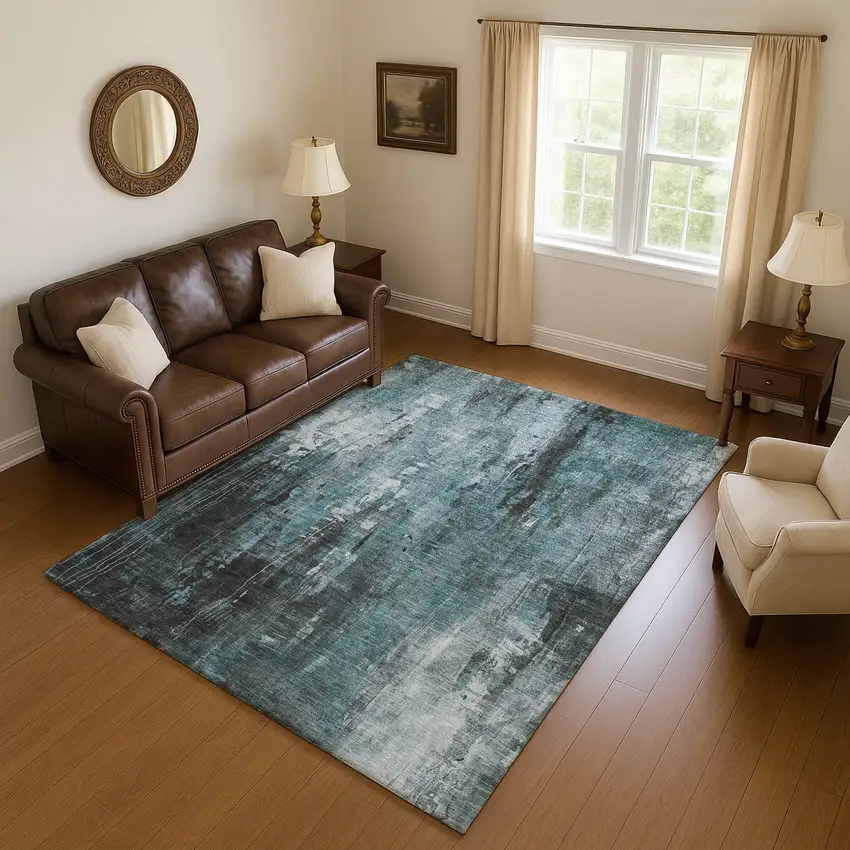 Teal Charcoal And Ivory Abstract Washable Area Rug With UV Protection Photo 4