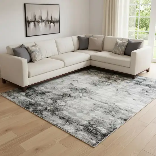 Teal Charcoal And Ivory Abstract Washable Area Rug With UV Protection Photo 2