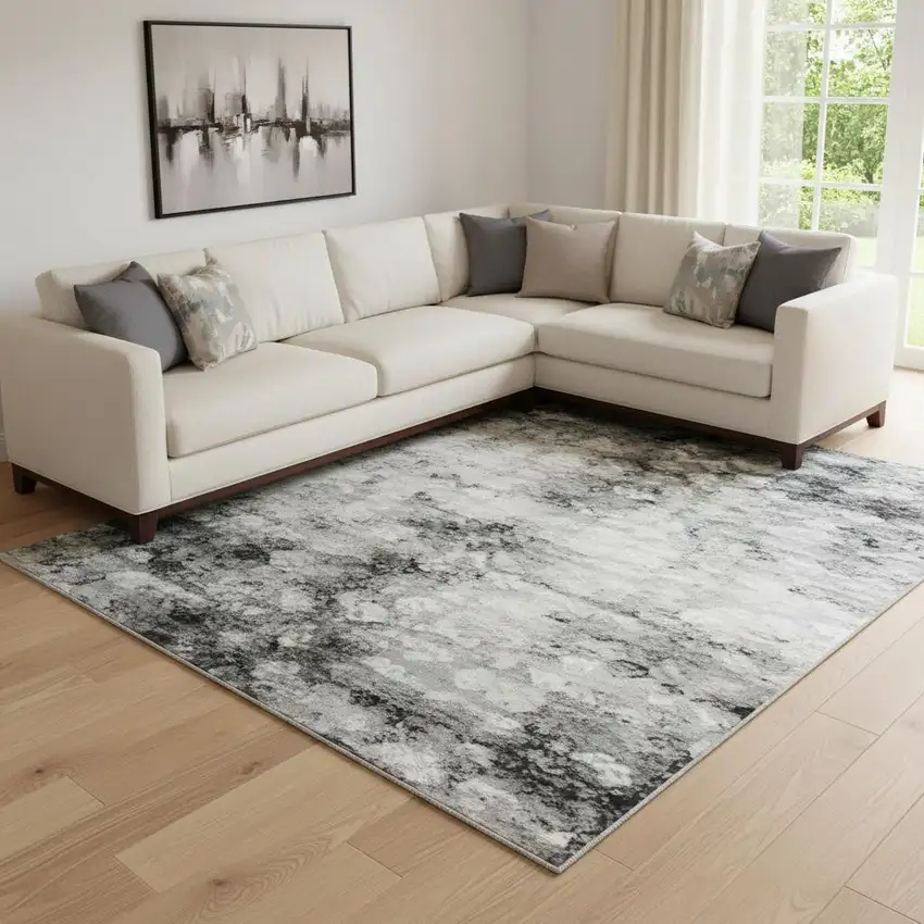 Teal Charcoal And Ivory Abstract Washable Area Rug With UV Protection Photo 2