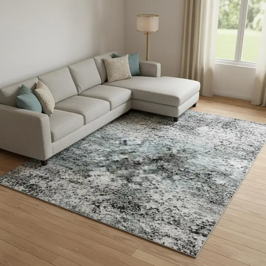Teal Charcoal And Ivory Abstract Washable Area Rug With UV Protection Photo 1