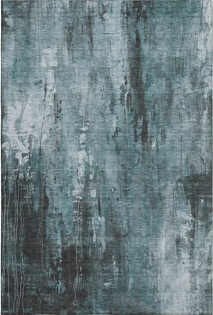 Teal Charcoal And Ivory Abstract Washable Area Rug With UV Protection Photo 6