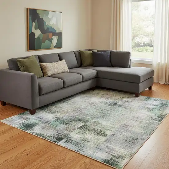 Teal Charcoal And Ivory Abstract Washable Area Rug With UV Protection Photo 2