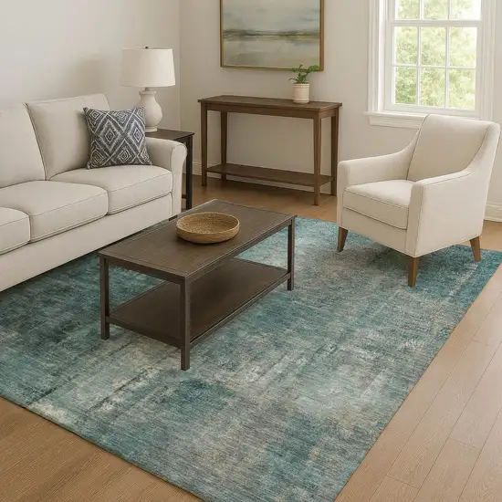 Teal Charcoal And Ivory Abstract Washable Area Rug With UV Protection Photo 6
