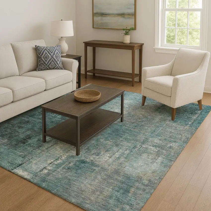 Teal Charcoal And Ivory Abstract Washable Area Rug With UV Protection Photo 6