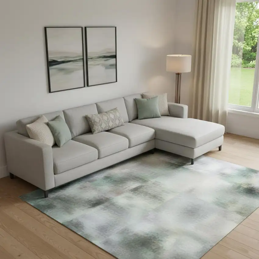 Teal Charcoal And Ivory Abstract Washable Area Rug With UV Protection Photo 2