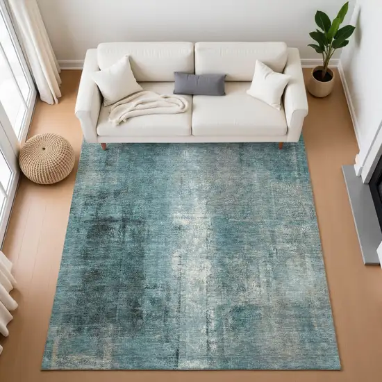 Teal Charcoal And Ivory Abstract Washable Area Rug With UV Protection Photo 5