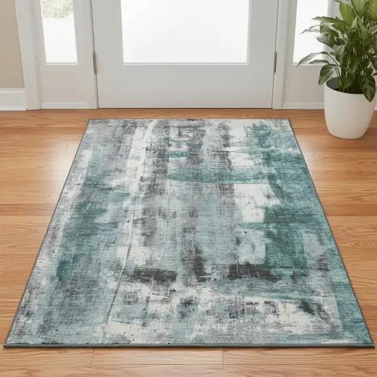 Teal Charcoal And Ivory Abstract Washable Area Rug With UV Protection Photo 2