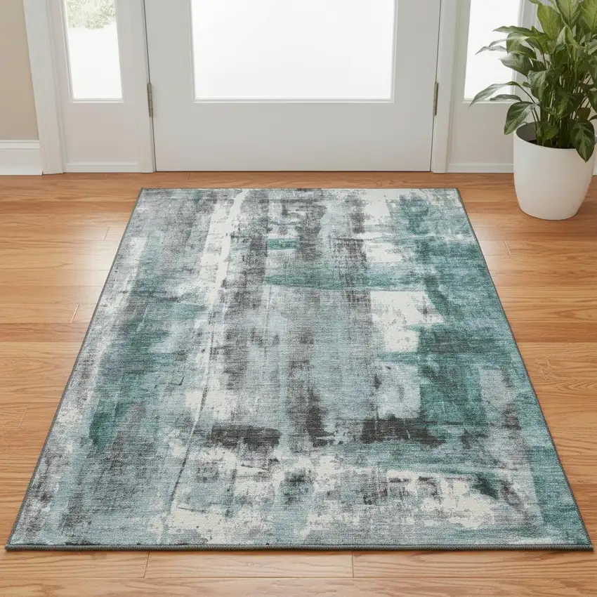 Teal Charcoal And Ivory Abstract Washable Area Rug With UV Protection Photo 2