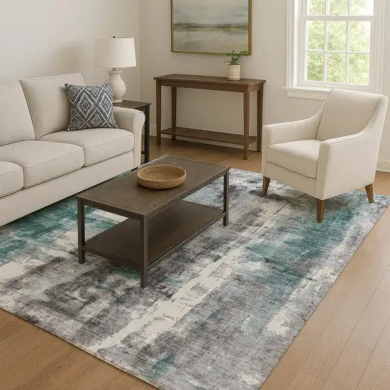 Teal Charcoal And Ivory Abstract Washable Area Rug With UV Protection Photo 6