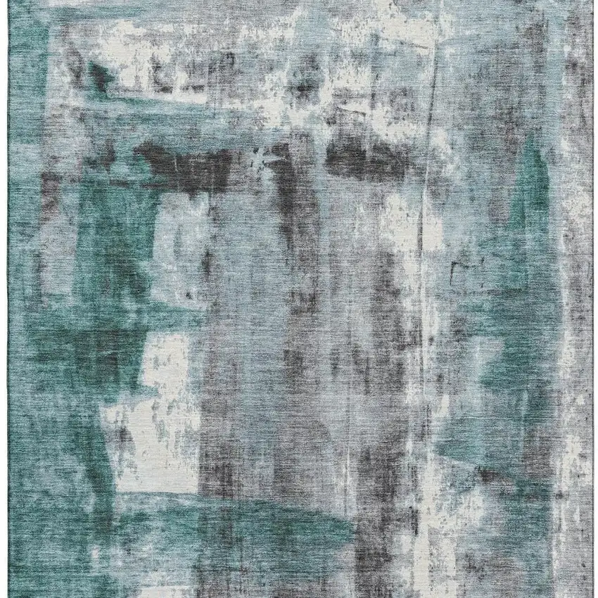 Teal Charcoal And Ivory Abstract Washable Area Rug With UV Protection Photo 4