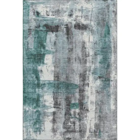 Teal Charcoal And Ivory Abstract Washable Area Rug With UV Protection Photo 1
