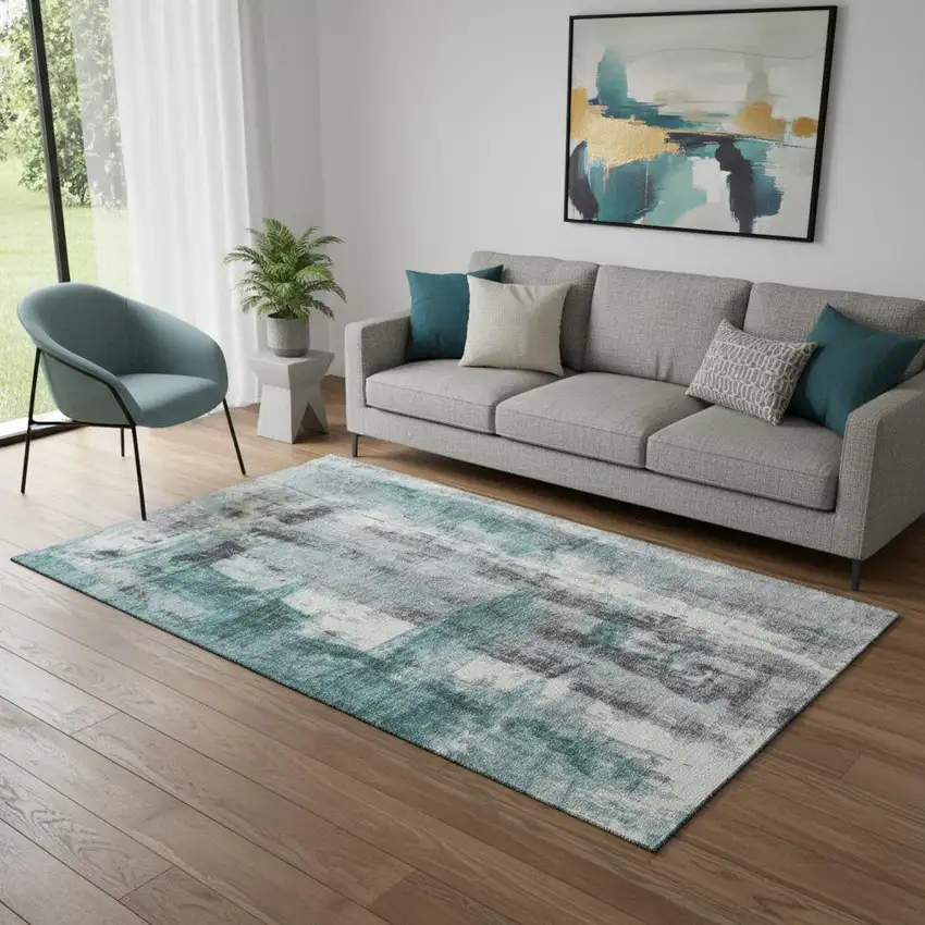 Teal Charcoal And Ivory Abstract Washable Area Rug With UV Protection Photo 2