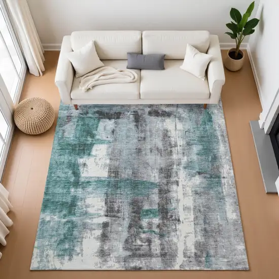 Teal Charcoal And Ivory Abstract Washable Area Rug With UV Protection Photo 5