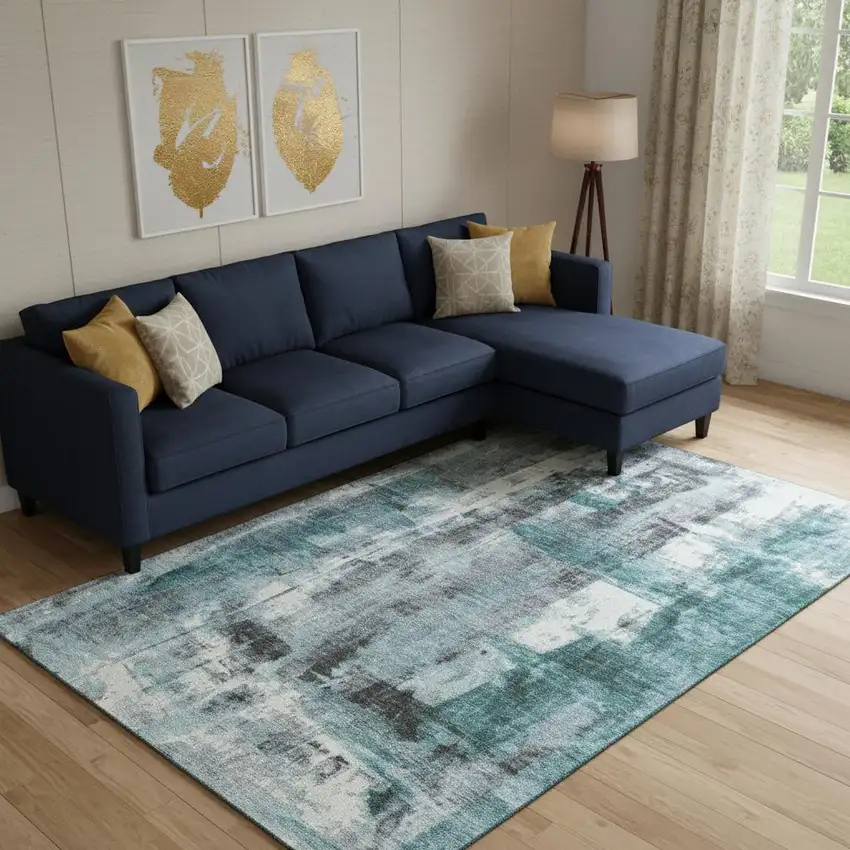 Teal Charcoal And Ivory Abstract Washable Area Rug With UV Protection Photo 2
