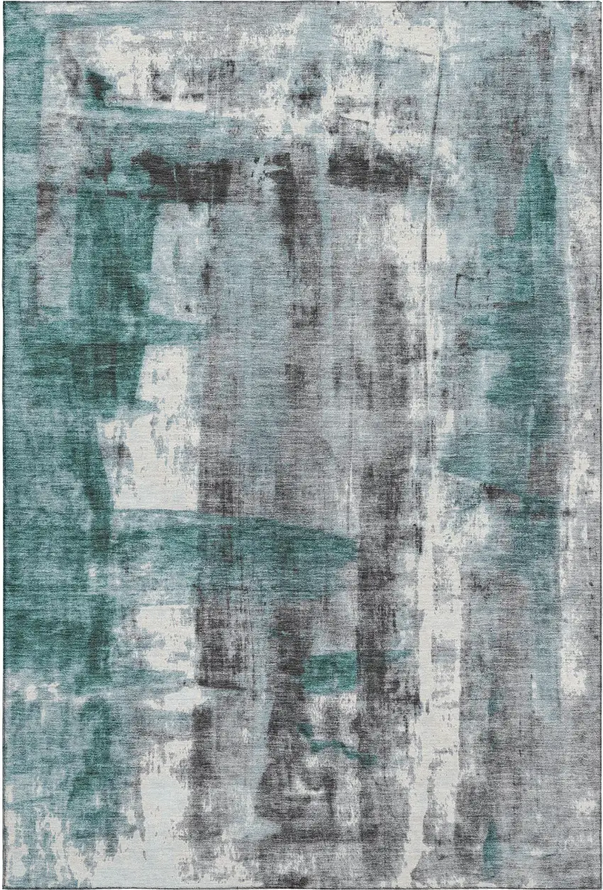Teal Charcoal And Ivory Abstract Washable Area Rug With UV Protection Photo 1