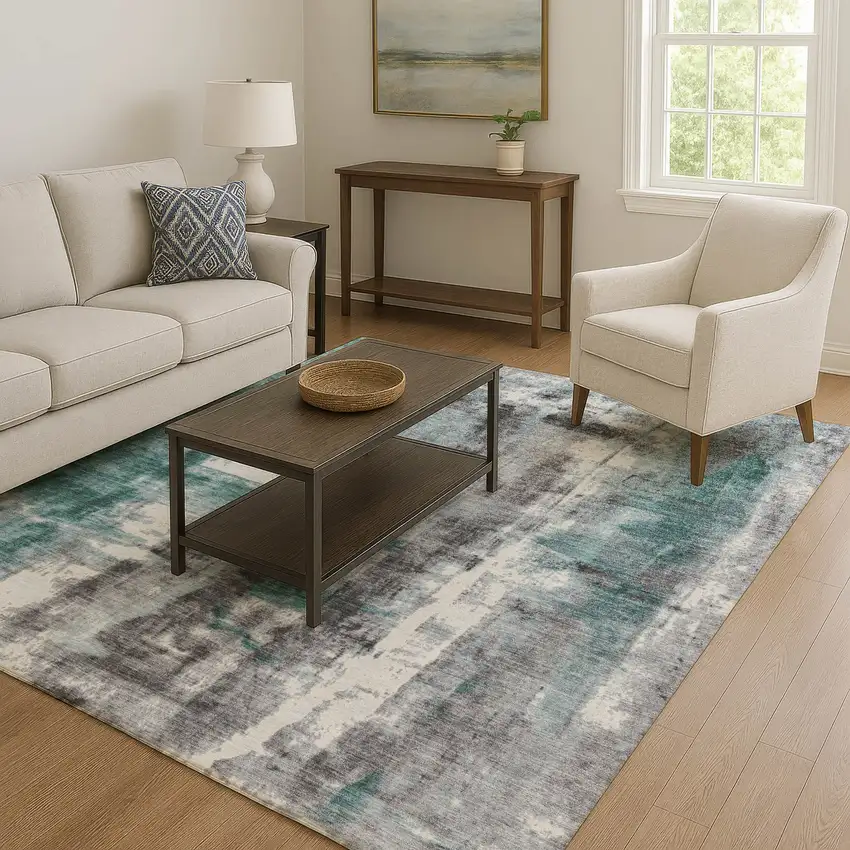 Teal Charcoal And Ivory Abstract Washable Area Rug With UV Protection Photo 6