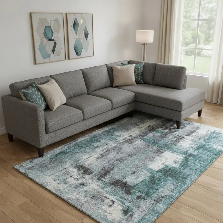 Teal Charcoal And Ivory Abstract Washable Area Rug With UV Protection Photo 2