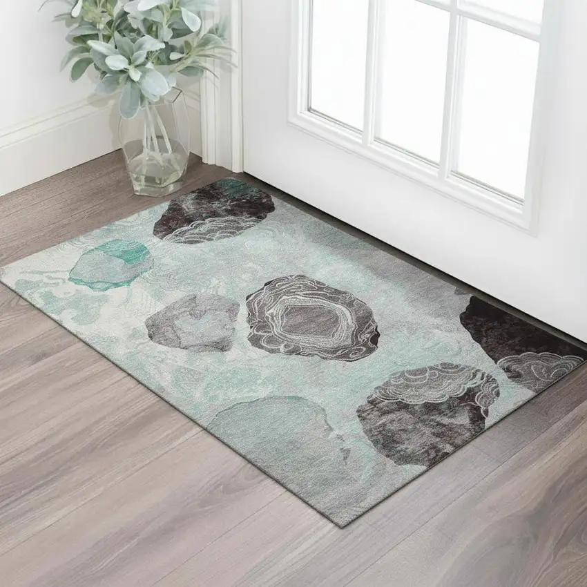 Teal Charcoal And Ivory Geometric Washable Area Rug With UV Protection Photo 2