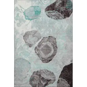 Photo of Teal Charcoal And Ivory Geometric Washable Area Rug With UV Protection