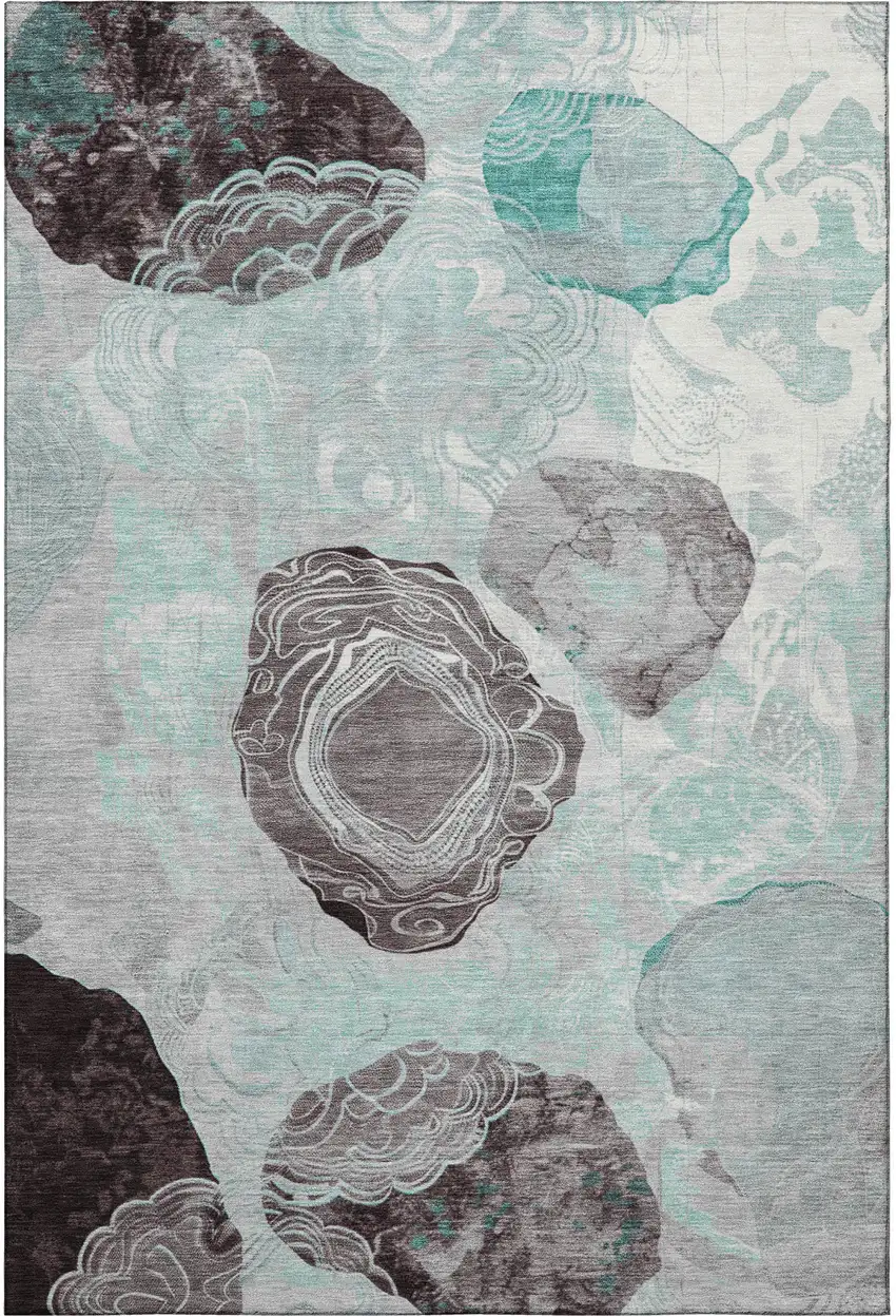Teal Charcoal And Ivory Geometric Washable Area Rug With UV Protection Photo 3