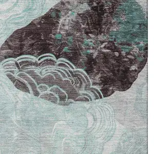 Photo of Teal Charcoal And Ivory Geometric Washable Area Rug With UV Protection