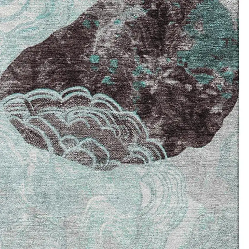 Teal Charcoal And Ivory Geometric Washable Area Rug With UV Protection Photo 2