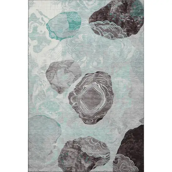 Teal Charcoal And Ivory Geometric Washable Area Rug With UV Protection Photo 1