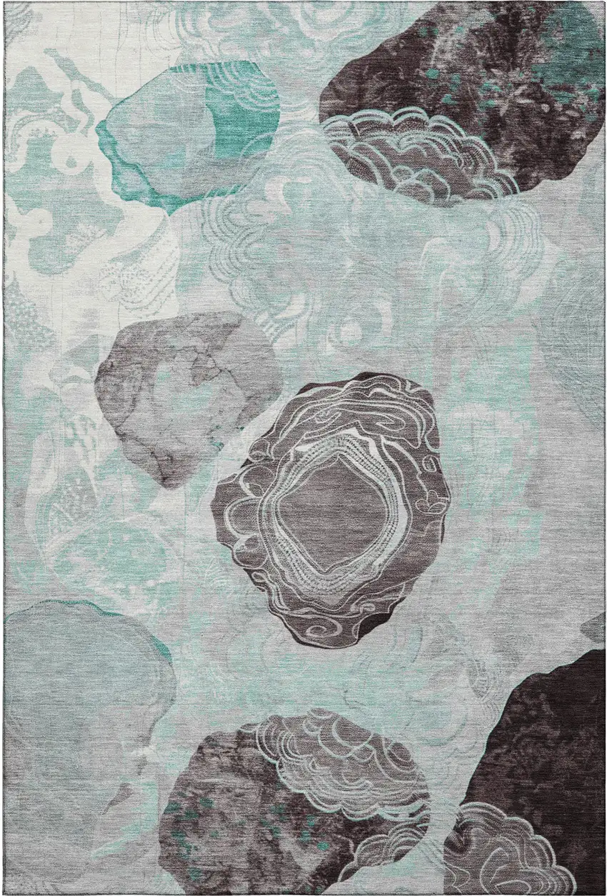 Teal Charcoal And Ivory Geometric Washable Area Rug With UV Protection Photo 1
