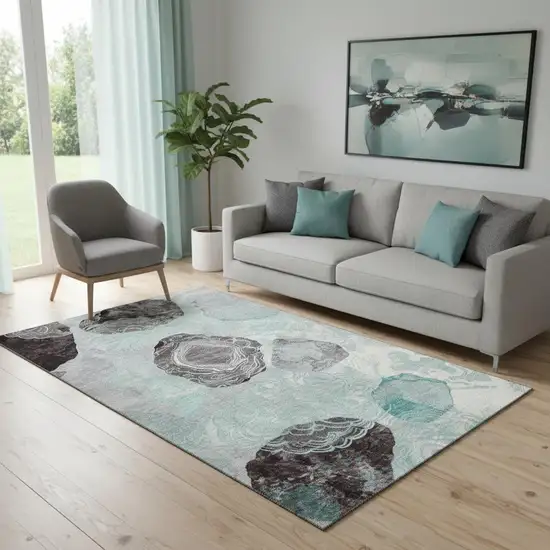 Teal Charcoal And Ivory Geometric Washable Area Rug With UV Protection Photo 2