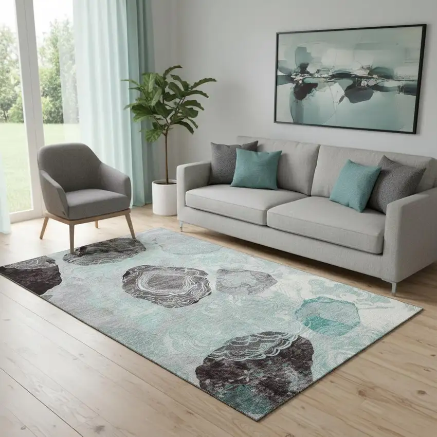 Teal Charcoal And Ivory Geometric Washable Area Rug With UV Protection Photo 2