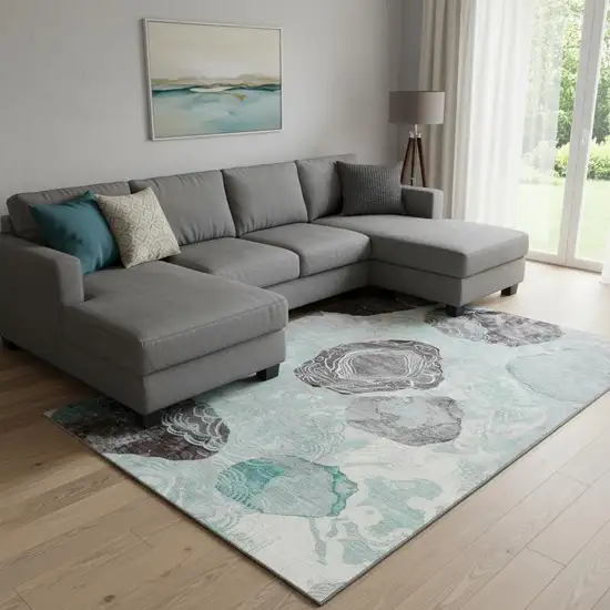 Teal Charcoal And Ivory Geometric Washable Area Rug With UV Protection Photo 2