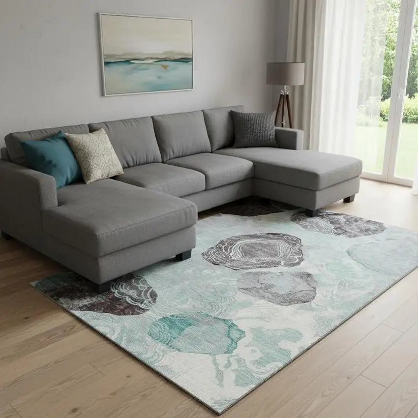 Teal Charcoal And Ivory Geometric Washable Area Rug With UV Protection Photo 2