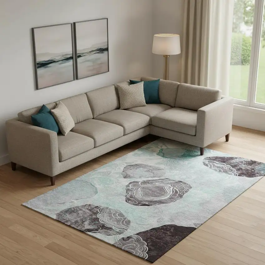 Teal Charcoal And Ivory Geometric Washable Area Rug With UV Protection Photo 2
